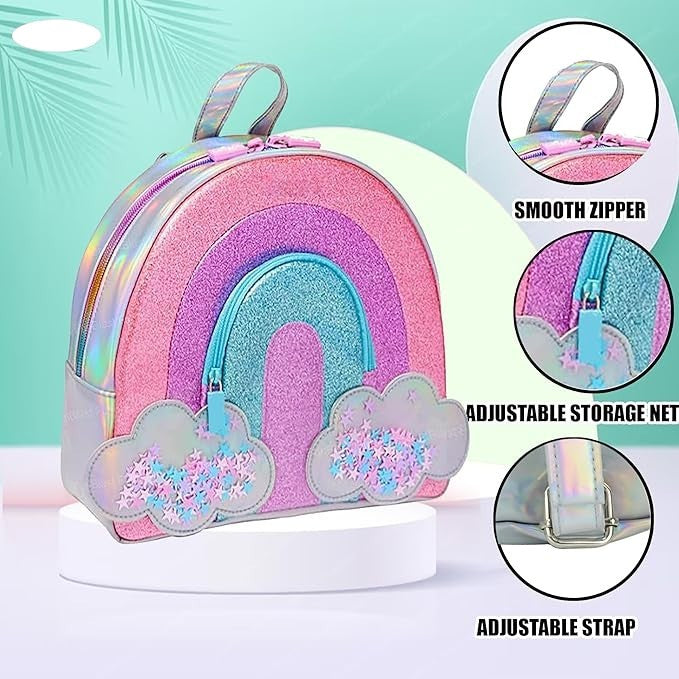Small stylish picnic bag for girls with a vibrant rainbow theme and glittery clouds, perfect for carrying snacks and lunches.
www.usmile.toys